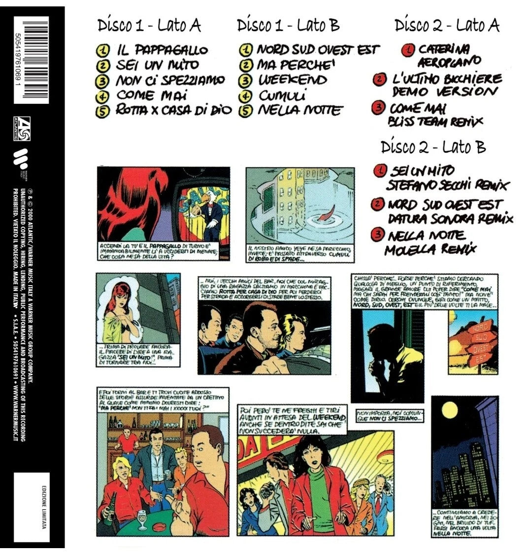 883 – Nord Sud Ovest Est 30° Anniversario – retro copertina con tracklist completa Disco 1 e Disco 2 e fumetti